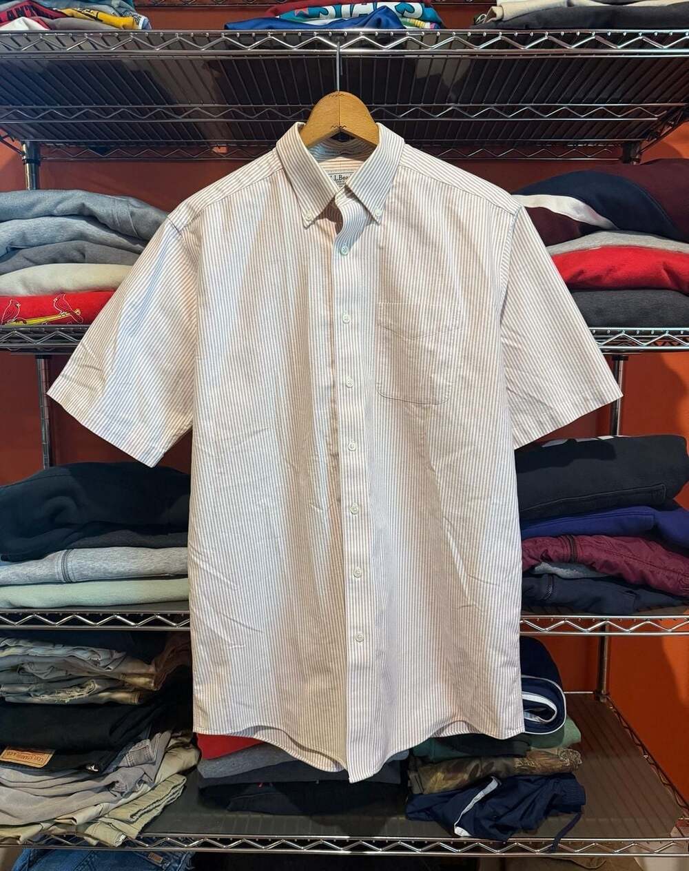 LL Bean Button Down Shirt Size 16-Tall Red Striped Short Sleeve Cotton